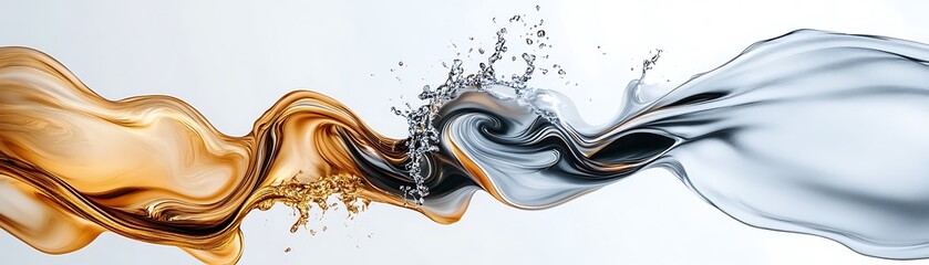 Swirling Gold and Silver Liquid Waves Creating Dynamic and Elegant Abstract Art on a Soft Background