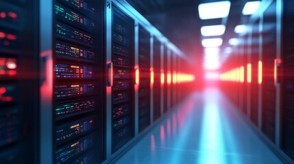 Server room interior; illuminated pathway, modern technology