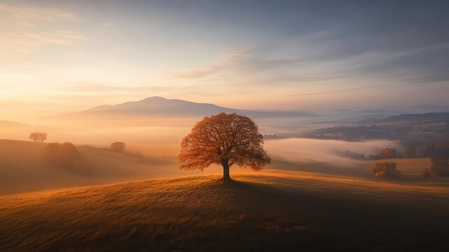 A serene landscape featuring a solitary tree on a hill, surrounded by vibrant colors during sunrise, evoking calmness and beauty. Tree and wood landscape concept. Tree and wood landscape concept.