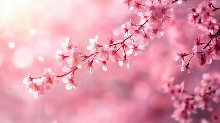 Obraz premium Delicate pink cherry blossoms against a soft bokeh background create a serene spring atmosphere.