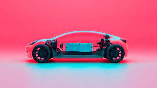 Futuristic Electric Car with Transparent 3D Chassis and Battery Module