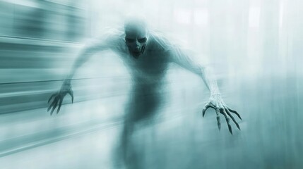A scary ghost creature with sharp claws, glowing eyes, and a terrifying form is running from the front. The scene features a gripping dynamic motion blur effect