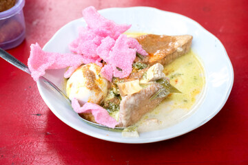 Lontong Sayur with pink crackers, egg, and tofu. Authentic Indonesian breakfast dish. Overhead shot showing textures and colors