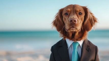 A golden dog in a tailored blue suit showcases sophistication on a beach, merging elements of humor and style in a light-hearted depiction of canine elegance.