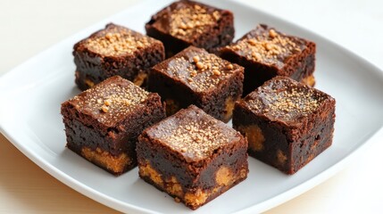 Delicious sweet potato brownies on a plate natural light overhead dessert photography warm and inviting environment