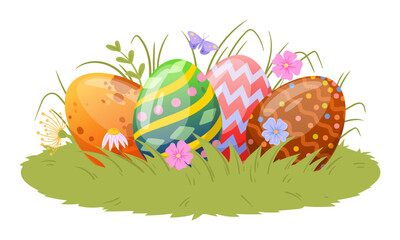 Cartoon eggs on grass lawn. Easter painted eggs, happy Easter colorful decorative eggs flat vector illustration. Traditional spring holiday painted eggs