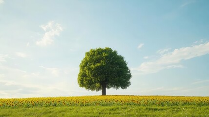 A solitary tree standing tall in a vibrant field of yellow flowers beneath a clear blue sky, symbolizing peace and nature's beauty. Tree and wood landscape concept. Tree and wood landscape concept.