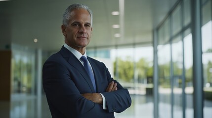 Middle-aged businessman presents a composed demeanor in a modern office, showcasing his confident stance and polished appearance enhanced by soft natural light
