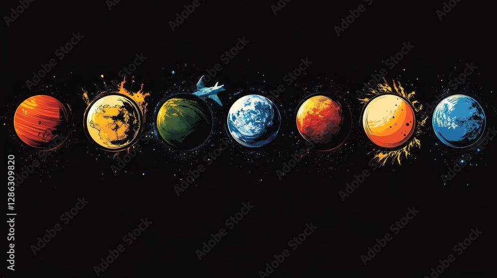 Poster planets and spaceship in space - a vibrant illustration of seven planets with a small spaceship pass