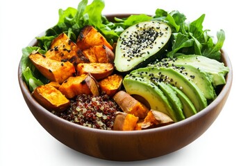 Roasted Sweet Potato And Avocado Quinoa Bowl With Greens And Sesame Seeds Healthy Recipe Idea And Healthy Bowl Recipe For Meal Prep Or Lunch Or Dinner And Delicious Food Ideas To Try At Home