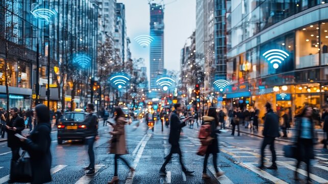 bustling city street with people using mobile devices, surrounded by digital wifi icons, showcasing connectivity in urban environment