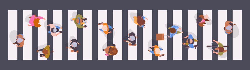 Walking pedestrians. People crossing road view from above, characters on crosswalk, men and women walk down the street top view flat vector illustration. Male and female passersby crossing road