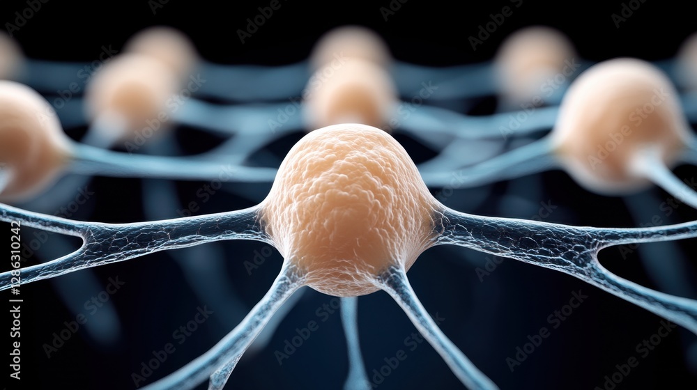 Poster microscopic view of neural network connections, beige neurons linked by blue synapses against a dark