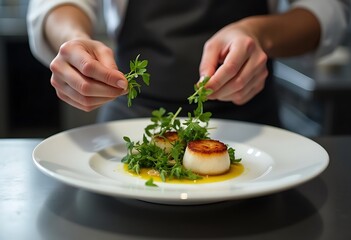 Hands, food and herb of dish for fine dining, culinary institute or luxury restaurant. Chef, healthy protein or garnish on plate for display, catering and hospitality for event in commercial kitchen