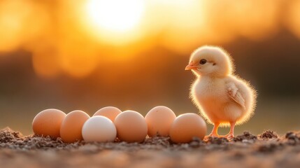 A cute chick stands proudly beside a collection of fresh eggs, symbolizing new life and innocence against a beautiful backdrop of a warm sunset.