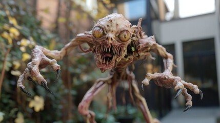A scary ghost creature with sharp claws, glowing eyes, and a terrifying form is running from the front. The scene features a gripping dynamic motion blur effect