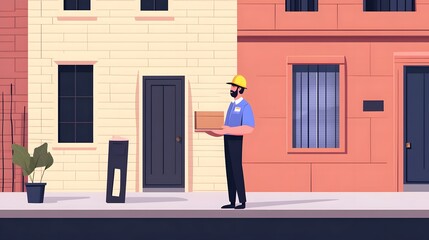 Reliable Uniform-Clad Delivery Man Handing Food Parcel to Customer Near Trendy Urban Loft Apartment