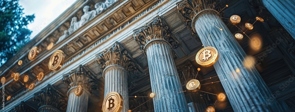 Poster digital bitcoins float in front of classical architecture, symbolizing intersection of cryptocurrenc