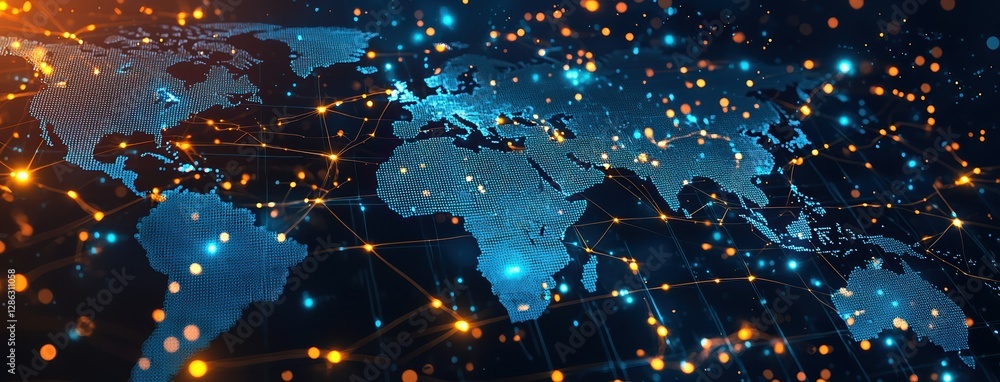Poster digital world map with glowing connections and data points represents global finance and crowdfundin