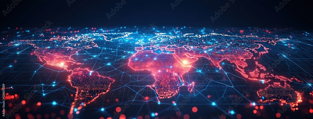 Poster digital world map with glowing red and blue lights represents global finance and technology networks