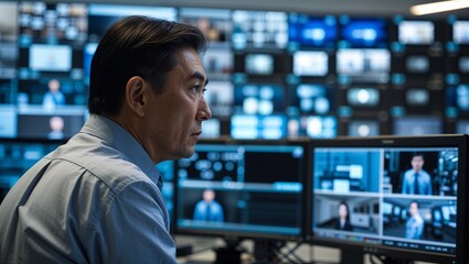 Fototapeta premium A middle aged Central Asian man checking office security monitors with multiple camera feeds in the background