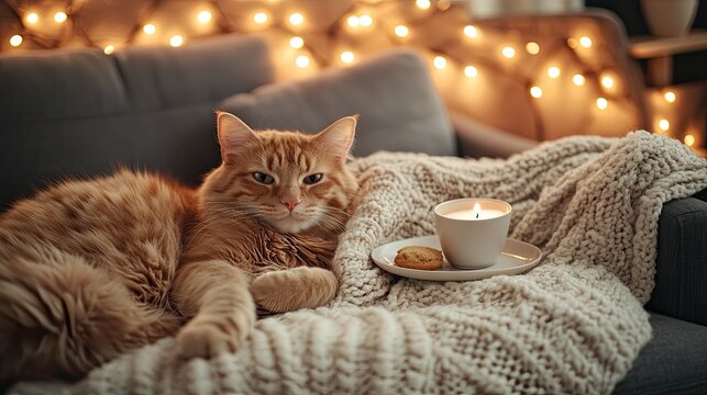 A fluffy ginger cat is curled up on a couch next to a warm woolen blanket. Soft fairy lights glow in the background, casting a cozy ambiance. The cat lazily opens one eye, enjoying the peaceful moment
