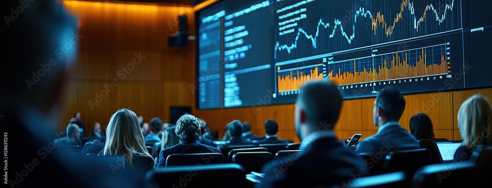 Poster modern finance conference with speakers discussing market trends and data analysis, featuring large 