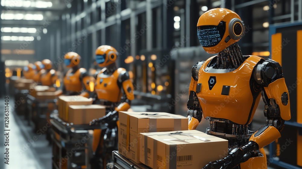 Poster robots handling packages in automated warehouse