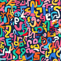 Seamless Colorful abstract pattern featuring vibrant letters and numbers, creating lively and playful atmosphere. This design is perfect for educational materials or artistic projects