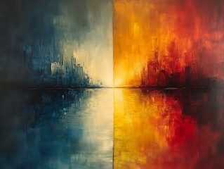 Fototapeta premium Vibrant abstract cityscape painting warm cool colors reflecting water. AI Generated