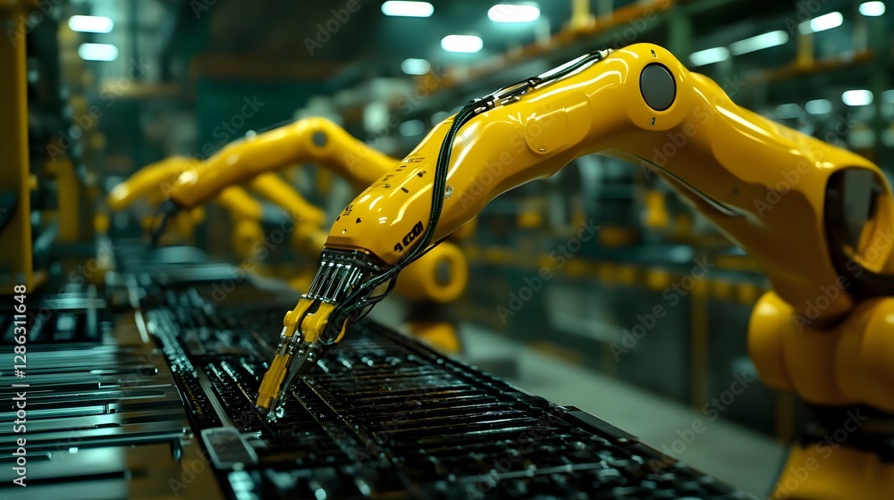 Poster robotic arms assembling products in futuristic zero-waste factory with precision