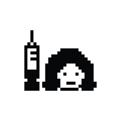 Fototapeta premium Pixel cartoon 8bit character lady woman sad tired sick feel syringe treat care decoration 8 bit female girl sick 8bit isolated PNG vector.