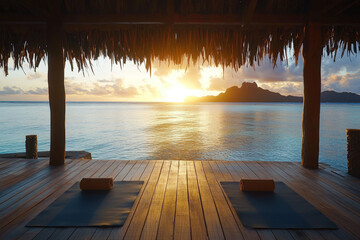 Peaceful sunrise yoga retreat on a wooden deck with stunning ocean and mountain scenery