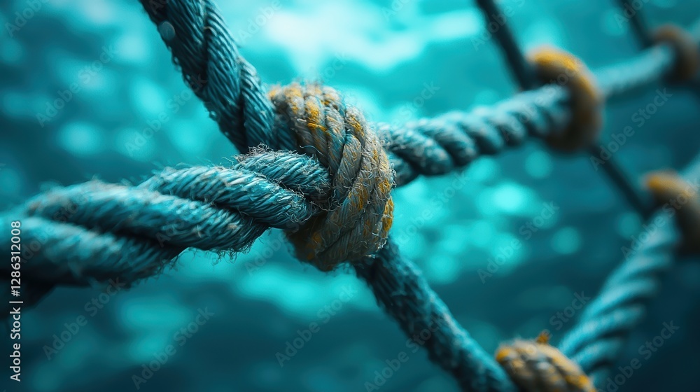 Poster close up of knotted rope netting underwater, symbolizing strength and connection. blue and yellow fi