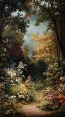 Serene Forest Path Autumnal Landscape with Yellow and Green Foliage, featuring Trees, Plants, and Flowers, with Tranquil Mood and Atmosphere, Vibrant Colors and Texture, and Detailed Composition