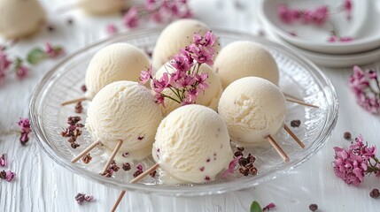 Creamy Vanilla Ice Cream Scoops Decorated With Flowers