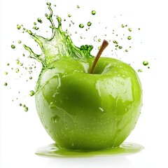 Bright green Granny Smith apple with a dramatic splash of green apple juice isolated on white