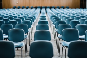 Fototapeta premium Rows of Empty Blue Chairs in Auditorium - A photograph of numerous empty blue chairs arranged in rows, creating a perspective of depth within a large hall or auditorium