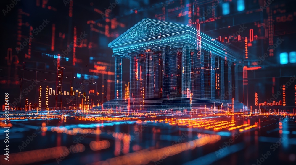 Aufkleber digital representation of financial institution with glowing symbols and data streams, illustrating 