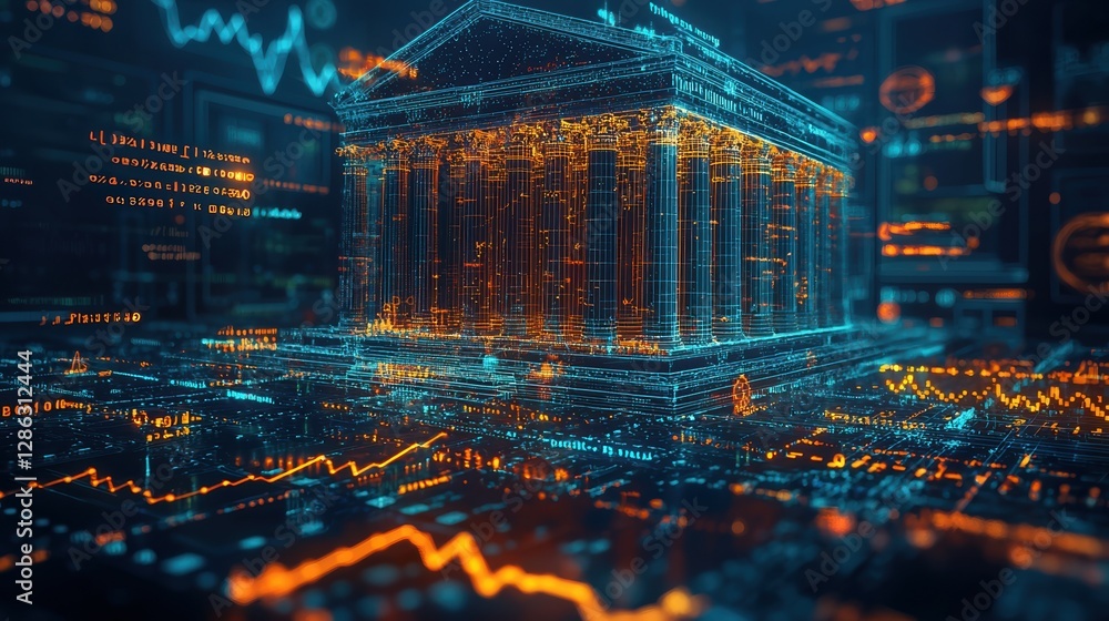 Poster digital representation of financial institution with glowing symbols and data charts, illustrating c