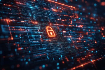glowing padlock icon is surrounded by digital circuitry, symbolizing cybersecurity and data protection futuristic digital environment. image conveys sense of security and technological advancement
