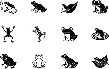Twelve Charming Frog Illustrations Amphibian Icons, Black and White