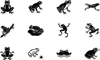 Twelve Silhouettes of Frogs Amphibian Poses, Black and White