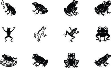 Twelve Frog Silhouettes Amphibian Icons, Water, Nature, Wildlife