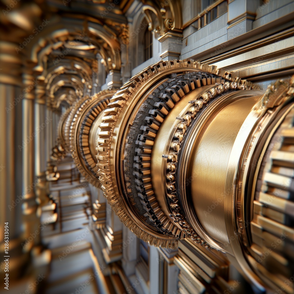 Poster close up of intricate golden gears and metallic components in a luxury mechanical system showcasing 