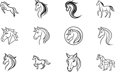 Elegant Horse Icons Line Art, Vector Graphics, Stallion, Mare, Designs