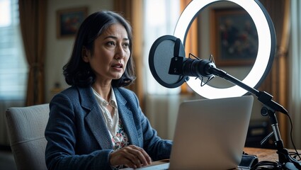 A middle aged East Asian woman moderating a webinar with a microphone and ring light setup