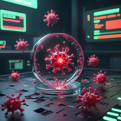 Set within a moody cyberpunk lab, the environment pulses with neon-green warning alerts flashing across futuristic monitors. 