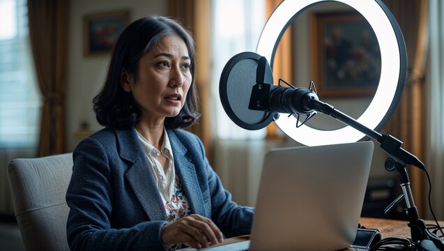 A middle aged East Asian woman moderating a webinar with a microphone and ring light setup