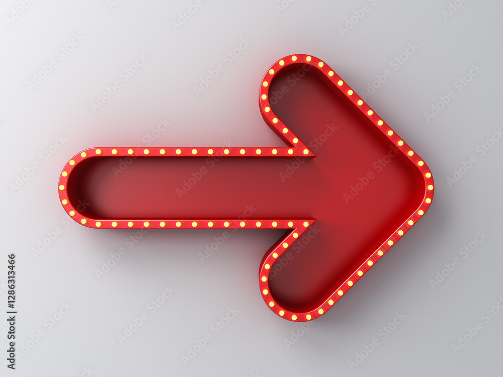 Aufkleber blank red arrow sign board with retro yellow neon light bulbs isolated on white wall background with